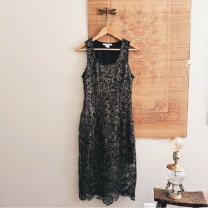 Vintage 90s Embroidered Lace Bronze & Black Midi Dress